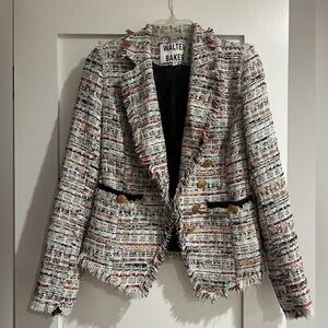 WALTER BAKER TWEED FANTA JACKET BLAZER SMALL GOLD BUTTONS FAUX LEATHER ACCENTS